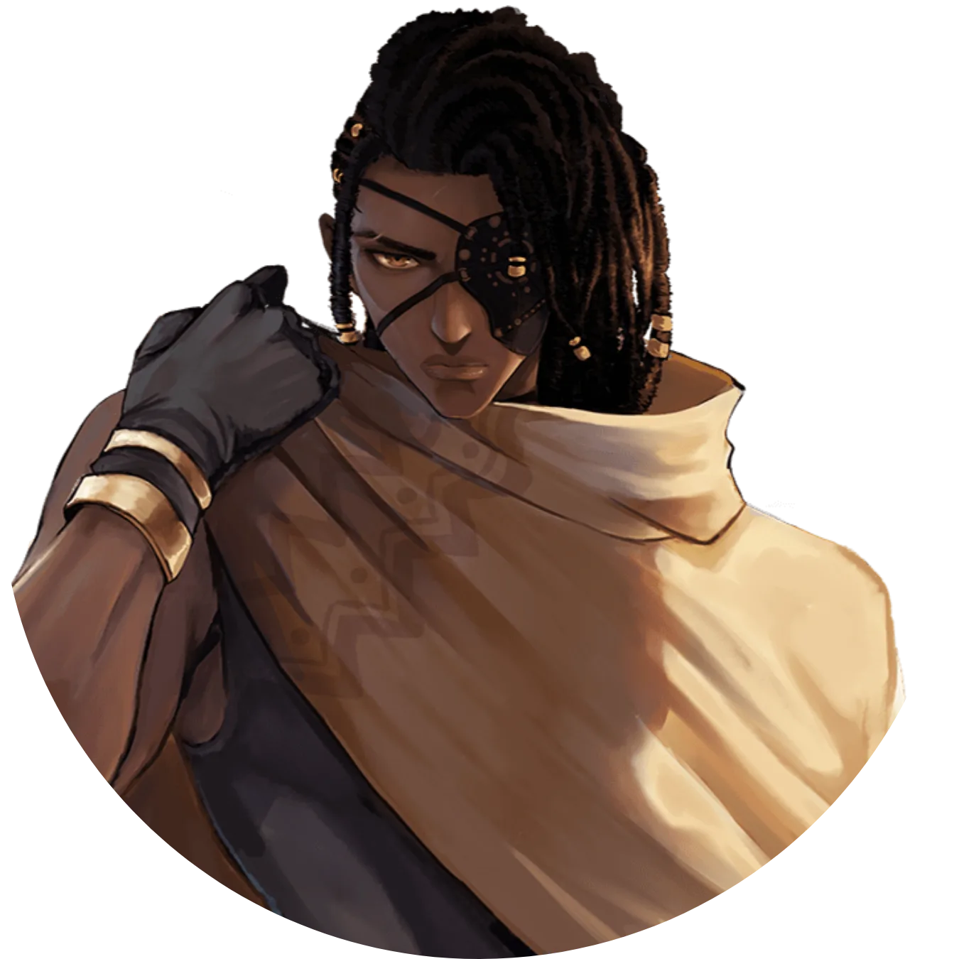 Example character design for the Quiet Protector archetype: a dreadlocked character with an eyepatch and gloves, draped in a tan cloak.
