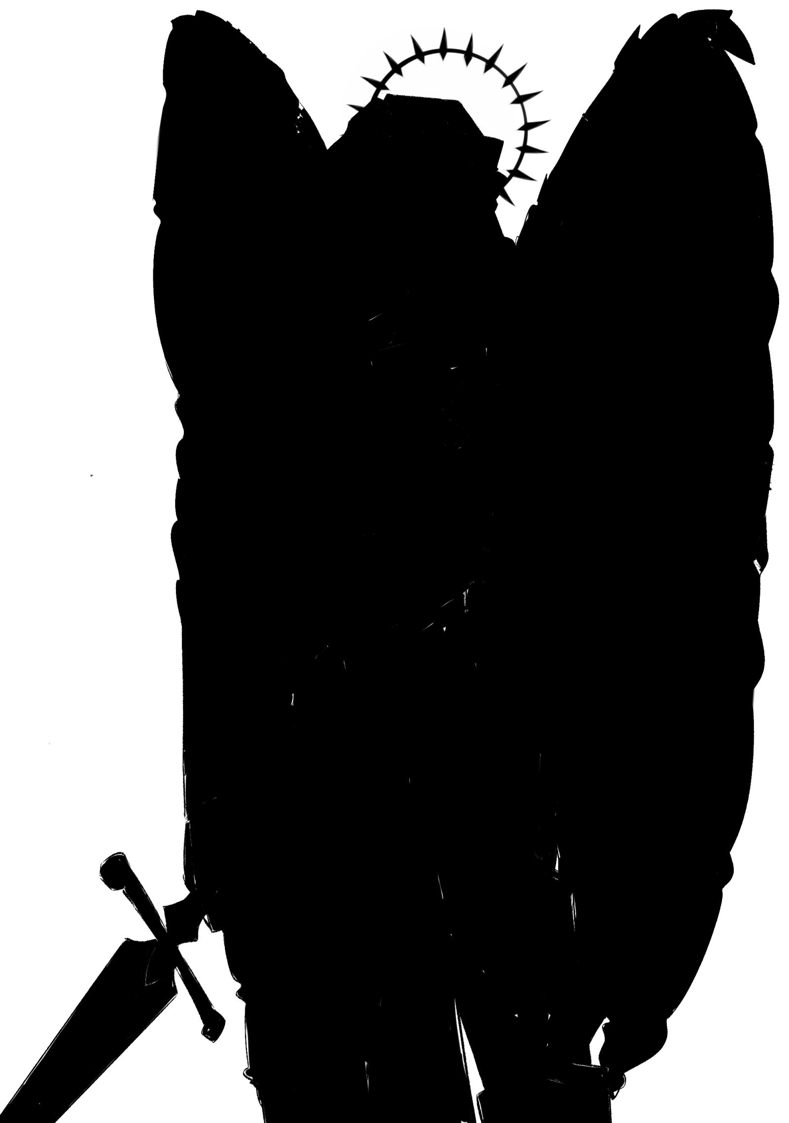 Character silhouette: an all-black winged figure with a thorned halo holding a sword, recognizable by its outline alone.