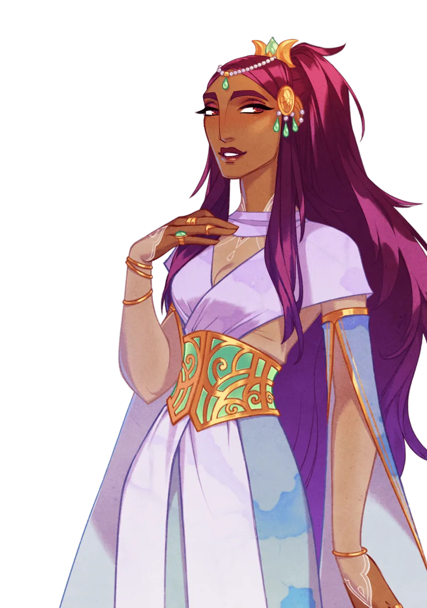 The same characters in full color: a regal woman in a purple-and-gold gown with long magenta hair.