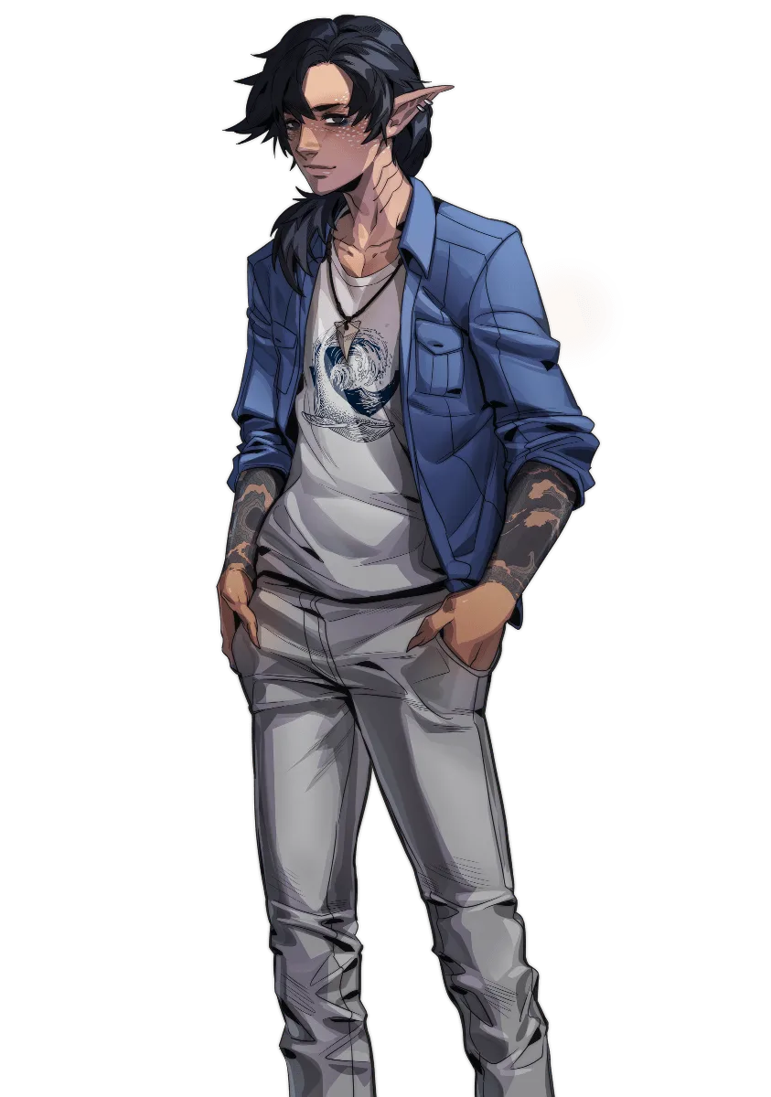 The same characters in full color: a pointy-eared character with black hair and tattooed arms in an open blue shirt over a graphic tank top.