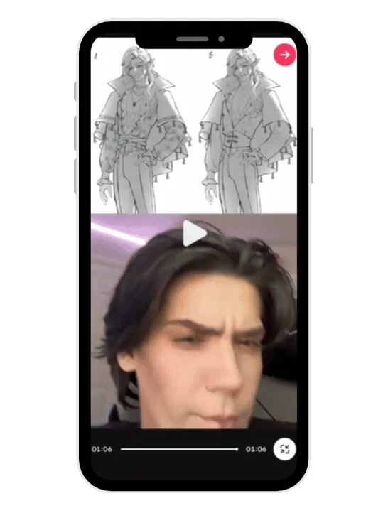 Animated demo: a character design being shared for community feedback, cycling through color choices and personality traits.