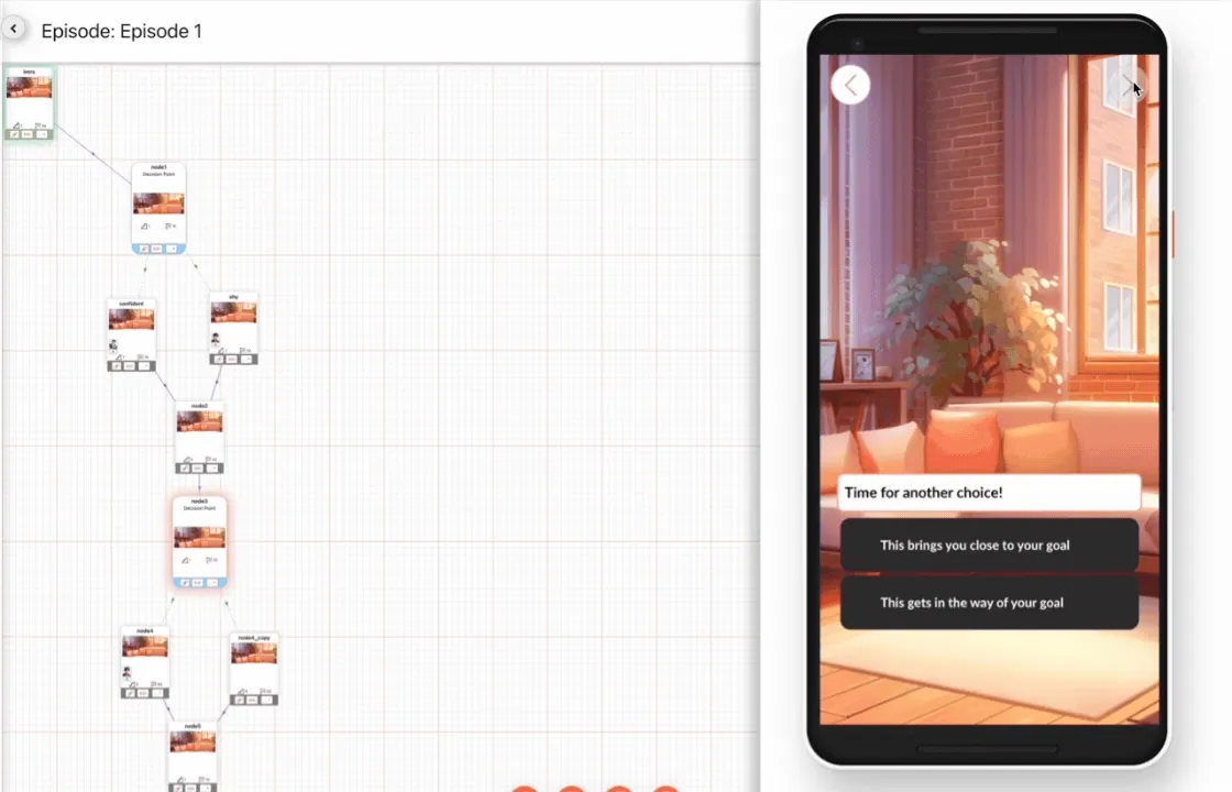Animated demo: a player choosing between two free options in a Dorian template episode.