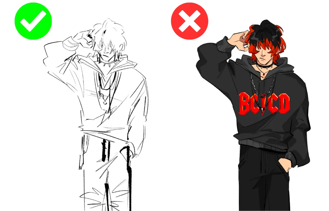 Example: a do-and-don't comparison, with a checkmark over a rough character sketch and a cross over a fully finished, detailed sprite.
