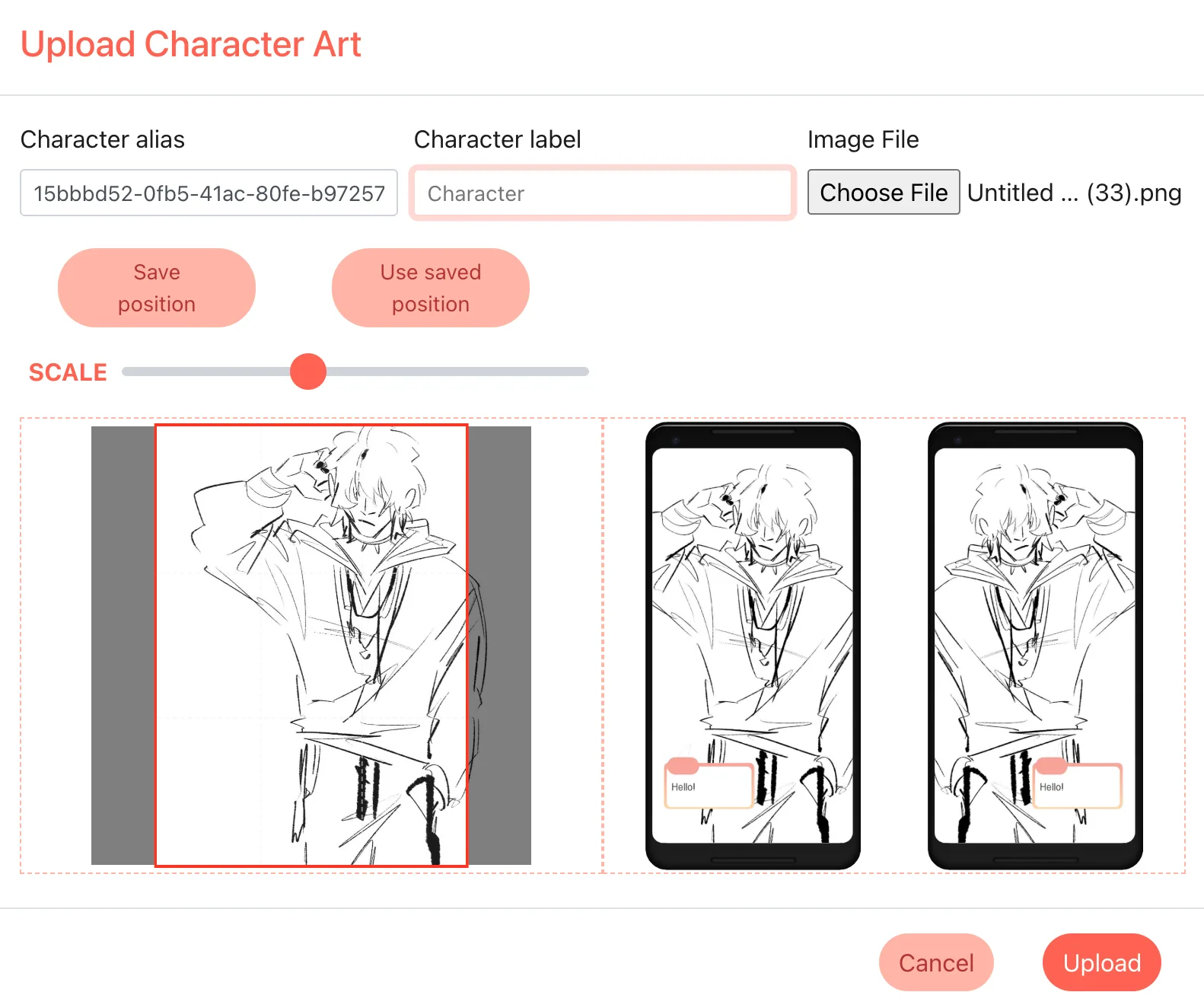 Screenshot: the Dorian "Upload Character Art" dialog showing a scale slider and a phone preview of an uploaded sketch.