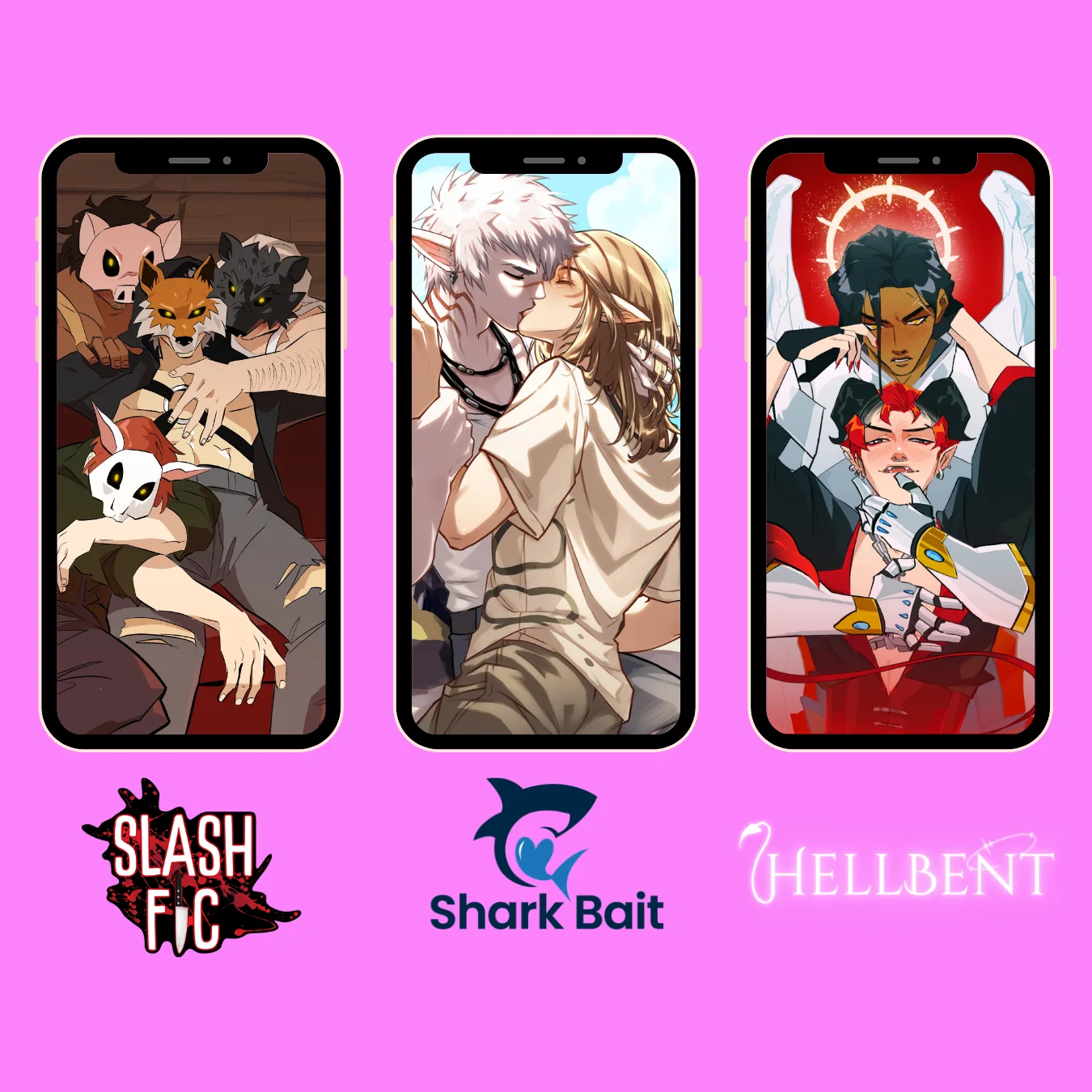 Example: three phones showing the cover art for the Dorian games Slashfic, Shark Bait, and Hellbent, each with its logo below.