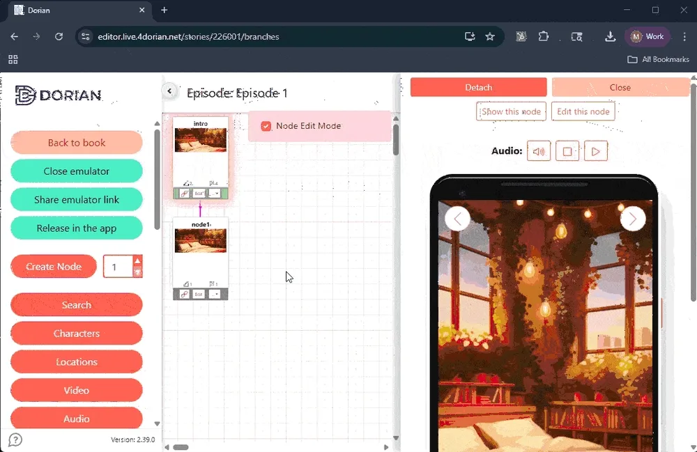 Animated demo: adding a character to the Dorian editor and assigning the sprite to a step.