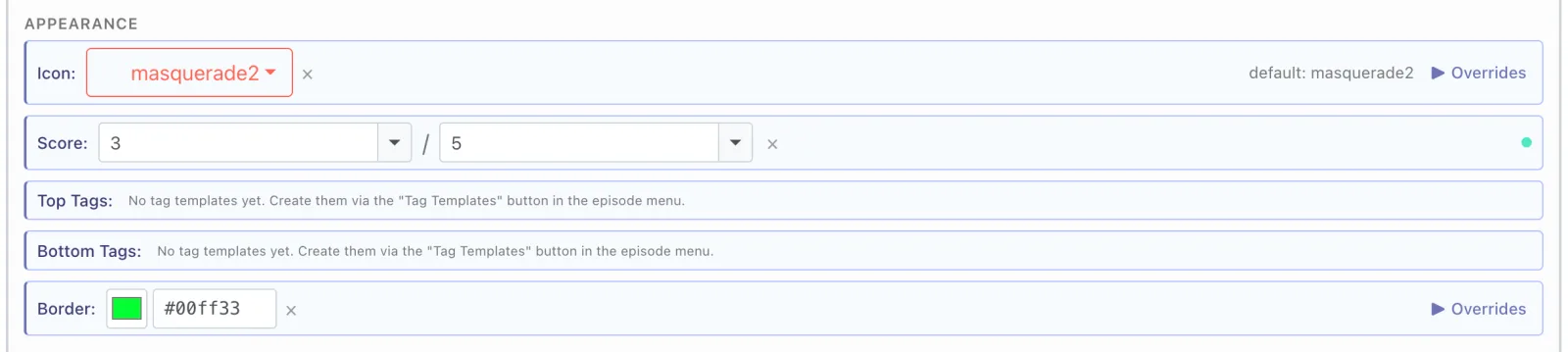 Engine Appearance settings for a Hub option with the Border field set to green (#00ff33).