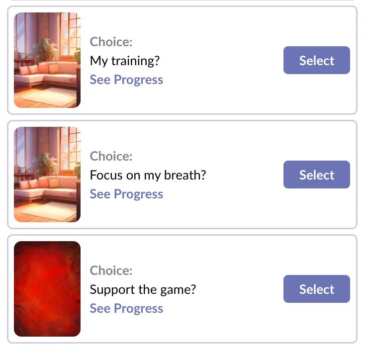 Player replay menu listing regular choices, each with a thumbnail, a "See Progress" link, and a Select button; Hub Steps do not appear here.