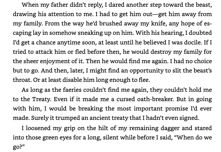 Prose excerpt from A Court of Thorns and Roses describing the narrator deciding to leave with the beast.