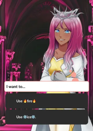 In-game screenshot: a choice prompt offering Use fire or Use ice options during gameplay.