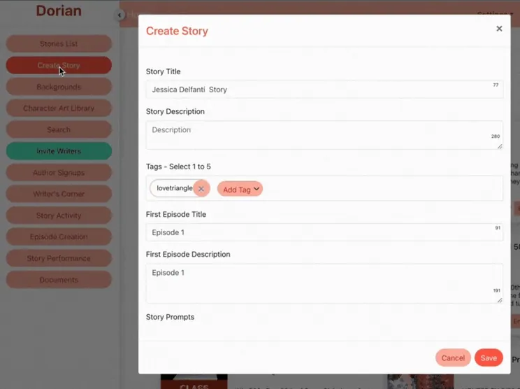 Animated demo: creating a new story in the Dorian editor and opening episode 1's node map.