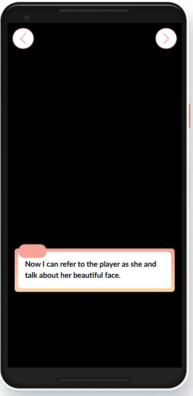 Rendered dialogue showing the saved pronouns substituted into the text