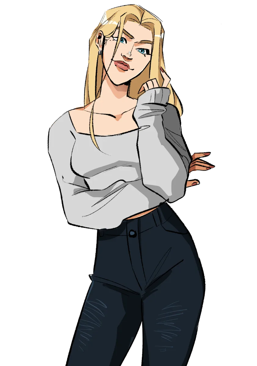 Character sprite: a smiling blonde character in a grey top, transparent background.