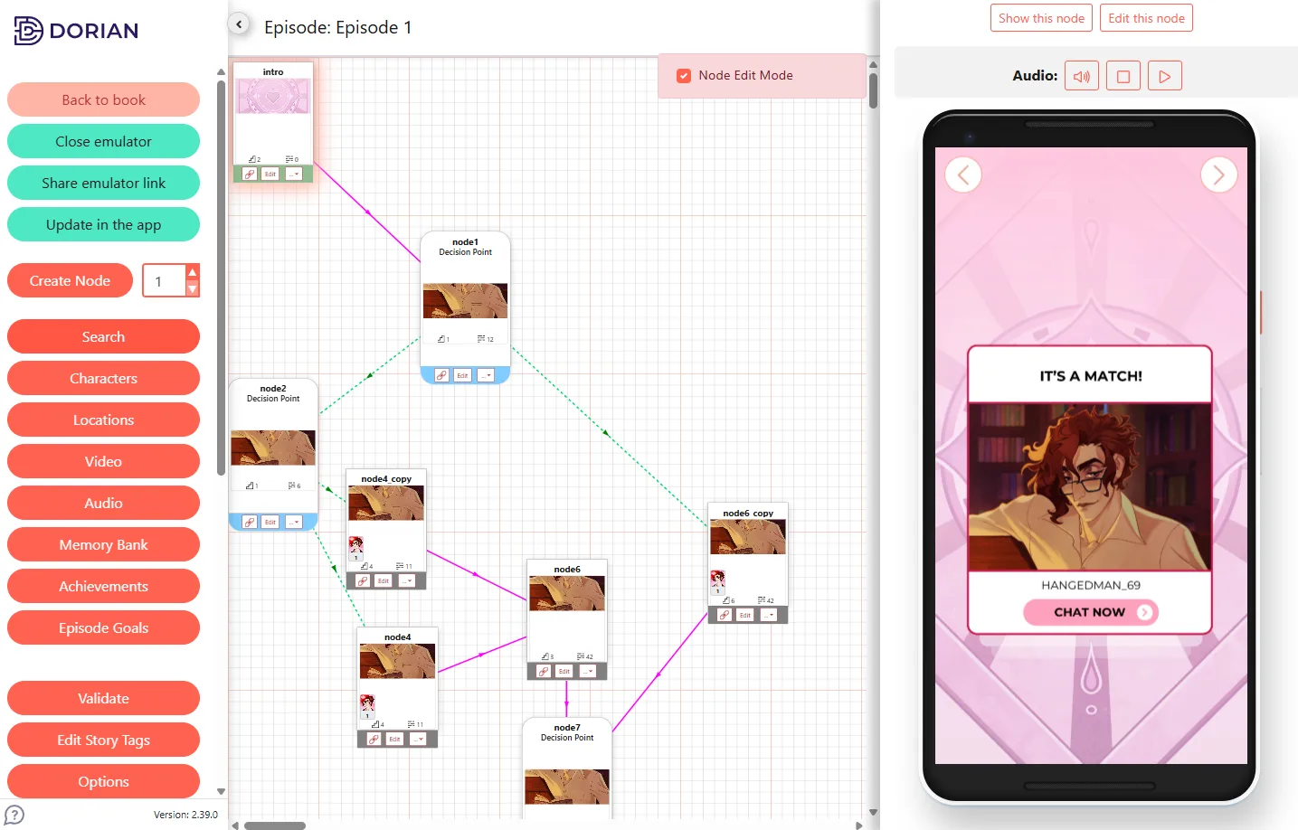 Dorian editor screenshot: the node map in the center and the emulator preview on the right.
