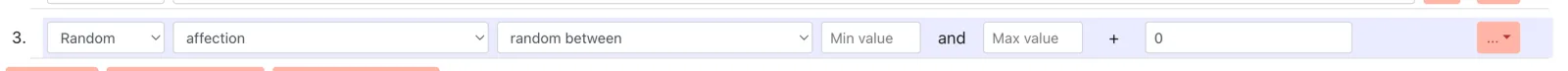 Screenshot: the "random between X and Y" settings with a minimum of 1, maximum of 5, and a bonus of 2.