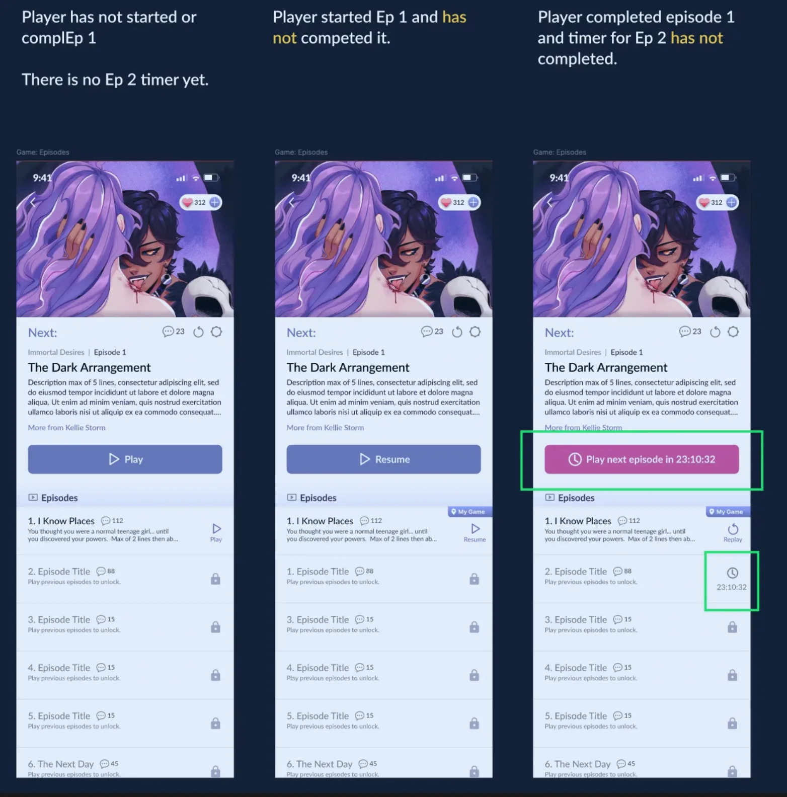 Screenshot: how a timed episode appears to the player on the Episode page.
