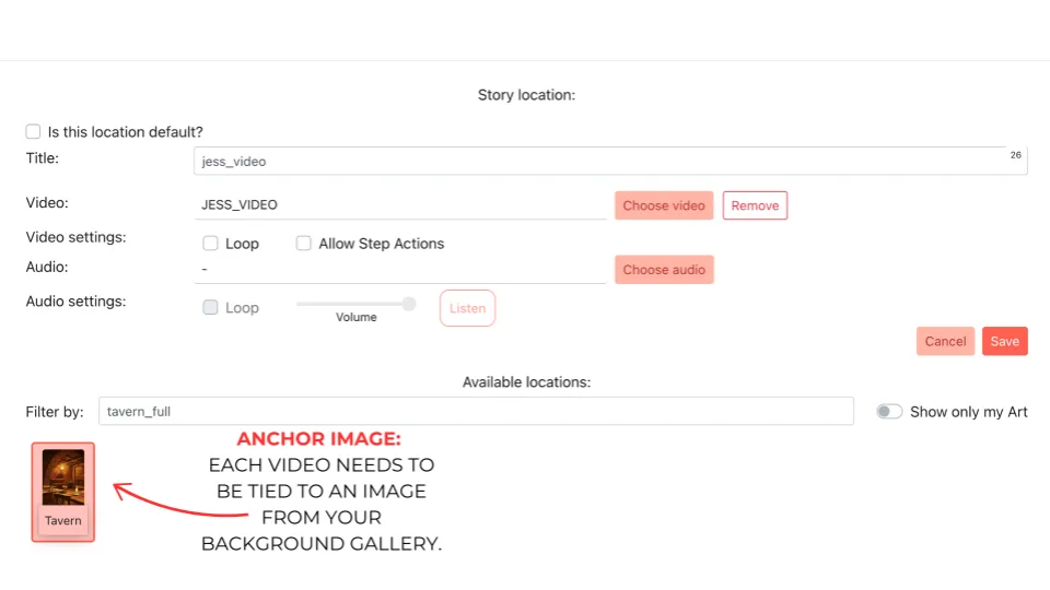 Screenshot: the video location settings with the Loop and Allow Step Actions checkboxes.